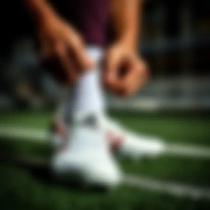 A player lacing up Adidas leather cleats, emphasizing comfort and fit