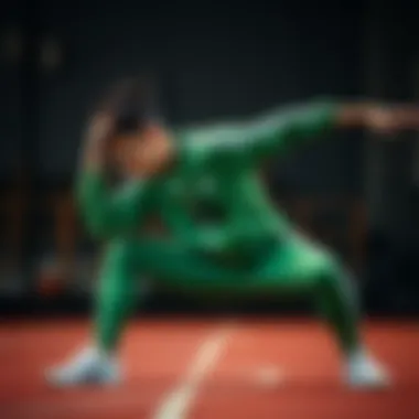 Athlete demonstrating flexibility in an Adidas green tracksuit.