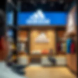 Interior view of an adidas store showcasing various product displays