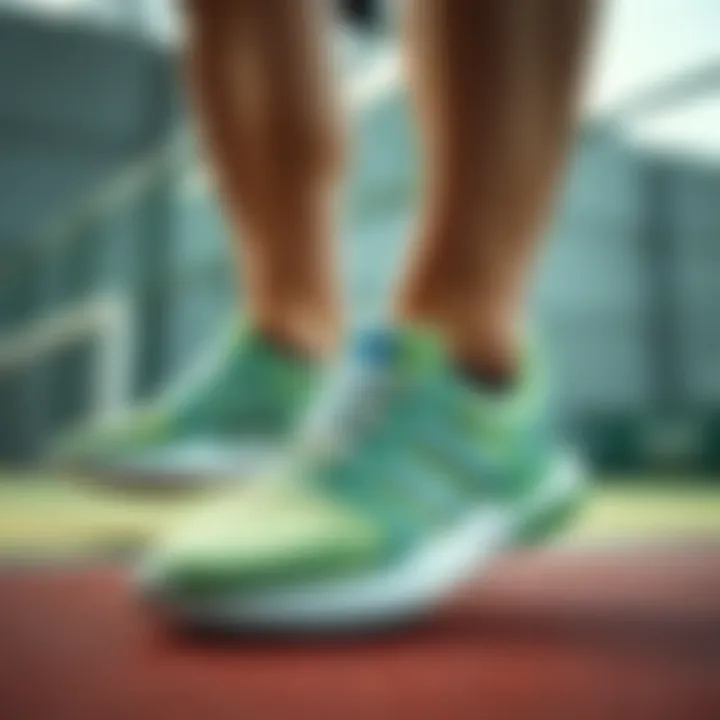 Person wearing Adidas water green sneakers in a dynamic sports setting