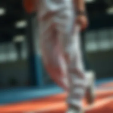 Athlete wearing Adidas white sweatpants in an active sports environment.