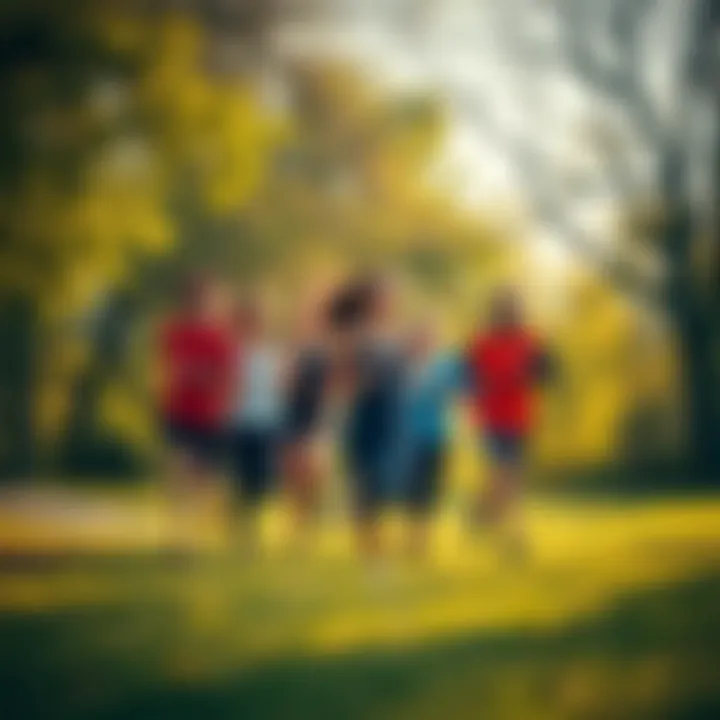 Group of friends running together in a park