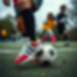 Children playing soccer wearing soccer shoes