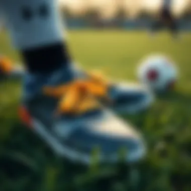 Close-up of children's soccer shoes on the field