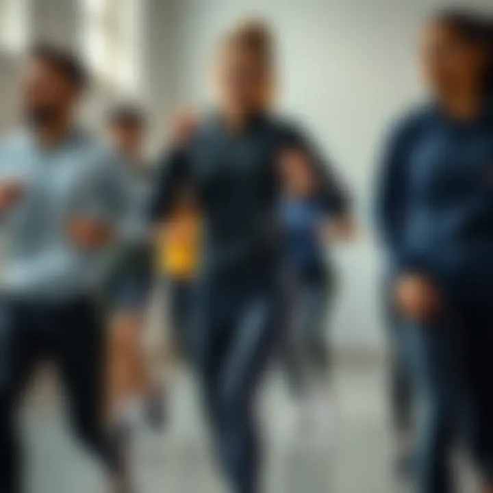 A group of athletic individuals in dynamic poses wearing trendy tracksuit tops.