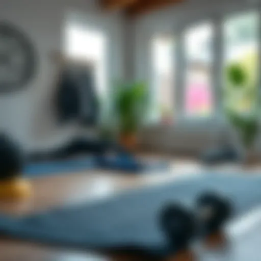 A serene home workout environment featuring yoga mats and weights