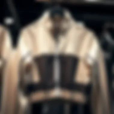 A stylish tracksuit top hanging on a rack showcasing contemporary design elements.