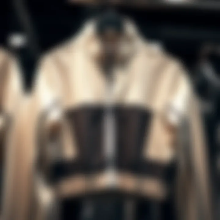 A stylish tracksuit top hanging on a rack showcasing contemporary design elements.