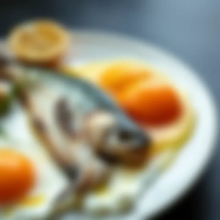 A close-up of fatty fish and egg yolks, sources of vitamin D