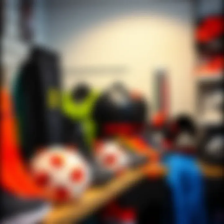 A selection of futsal gear and equipment displayed on a sports shelf.