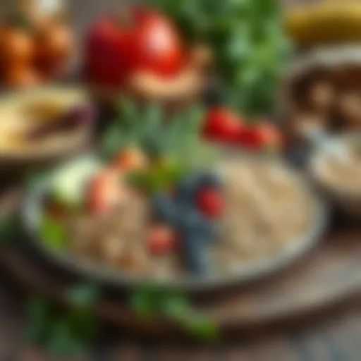 A balanced plate showcasing a variety of healthy foods including fruits, vegetables, and whole grains
