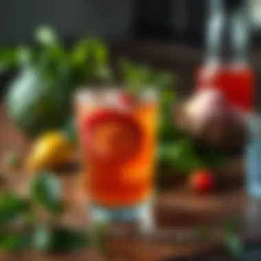 Hibiscus infusion with herbs on a wooden table