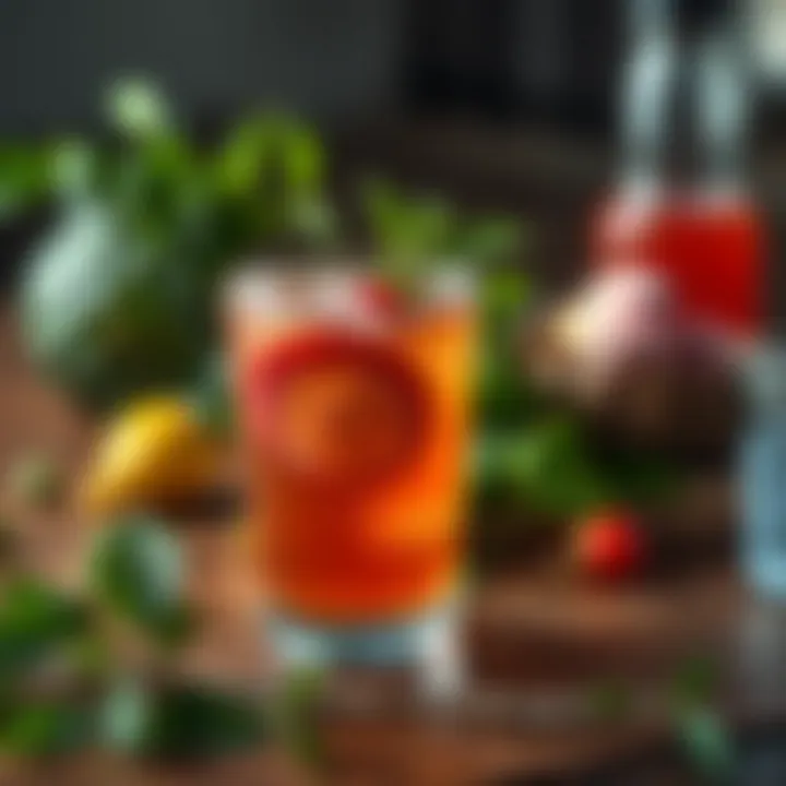 Hibiscus infusion with herbs on a wooden table