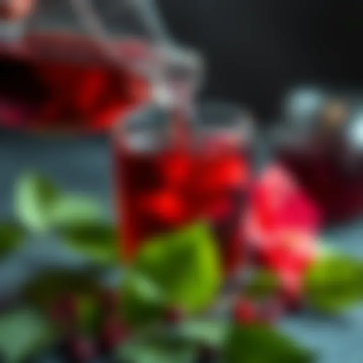 Close-up of hibiscus tea being poured into a cup