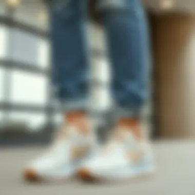 Stylish cream sports shoes paired with casual attire