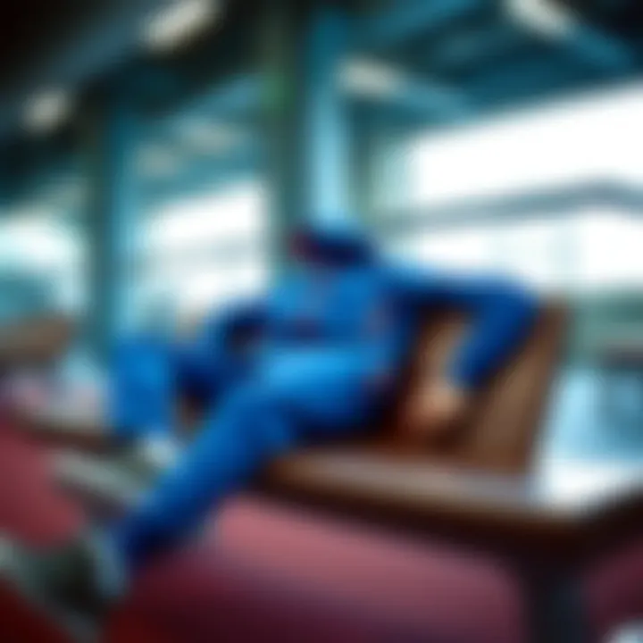 Stylish blue tracksuit laid out on a gym bench