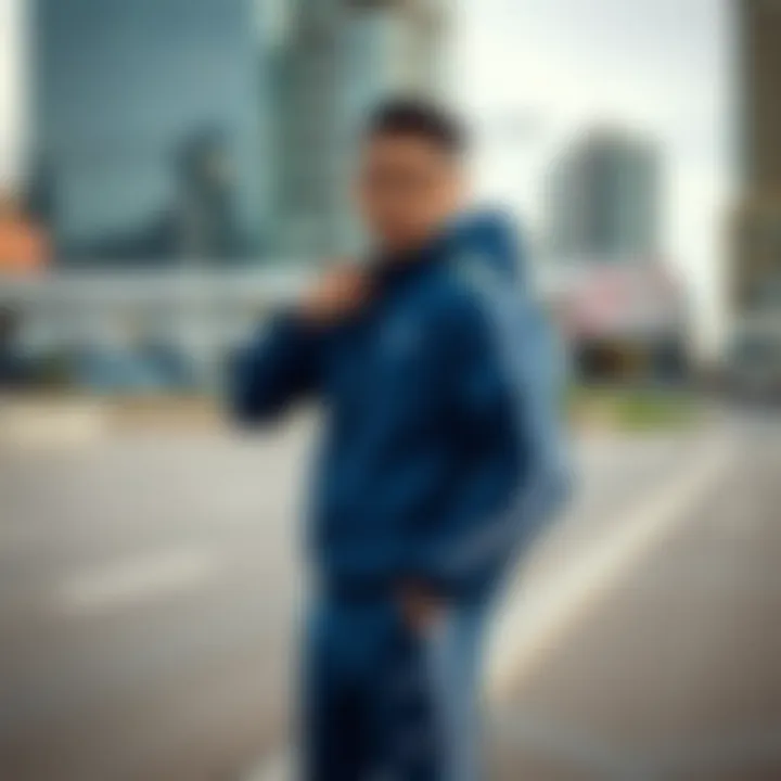 Athletic individual showcasing a blue tracksuit in an urban setting