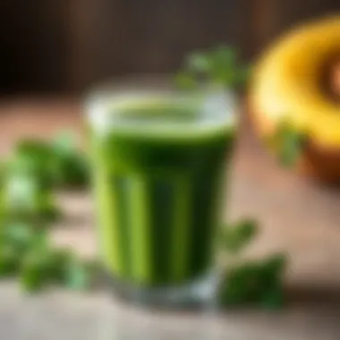 A glass of parsley juice with a sprig of parsley on the rim