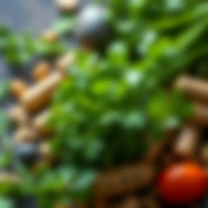 A variety of vitamins and minerals surrounding parsley