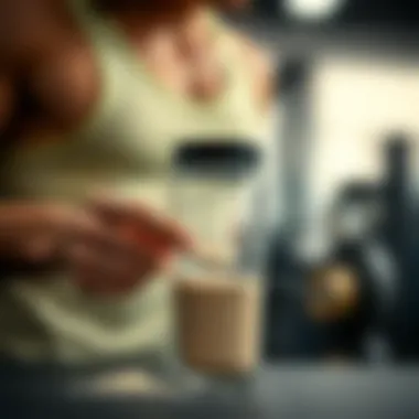 A fitness enthusiast measuring protein powder for a shake