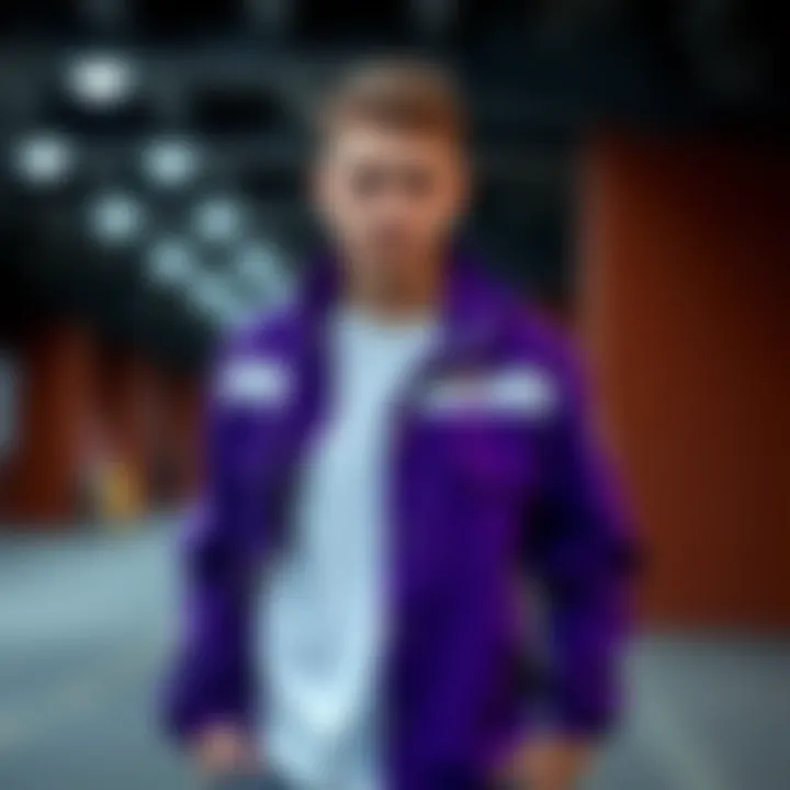 Combination of purple jacket with casual wear