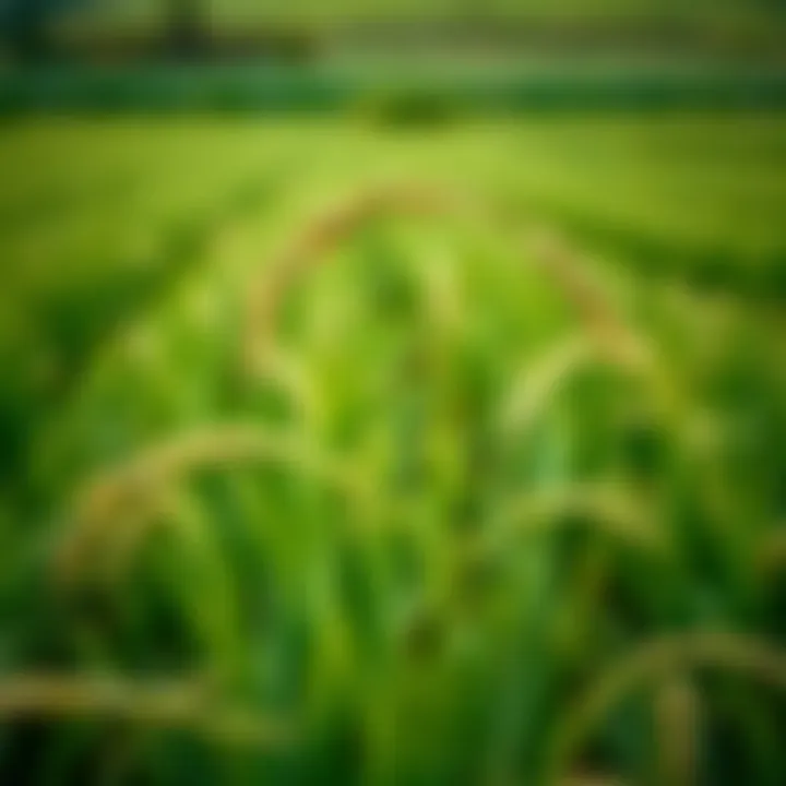 Rice grains being harvested in a lush green paddy field