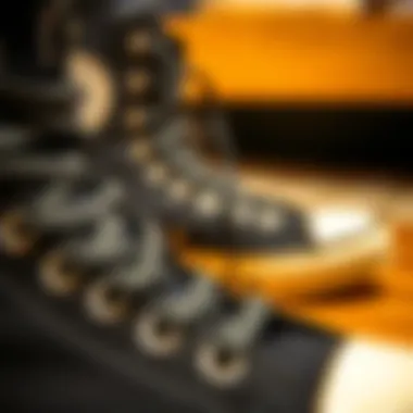 Close-up of black Converse shoes highlighting their design and texture.