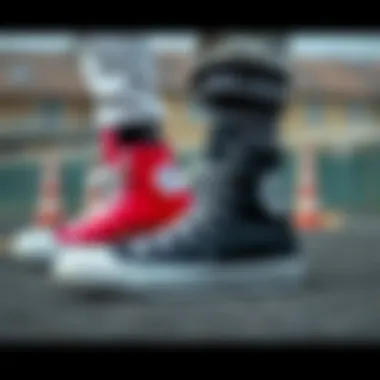 A diverse range of fashion combinations featuring black high-top Converse shoes.