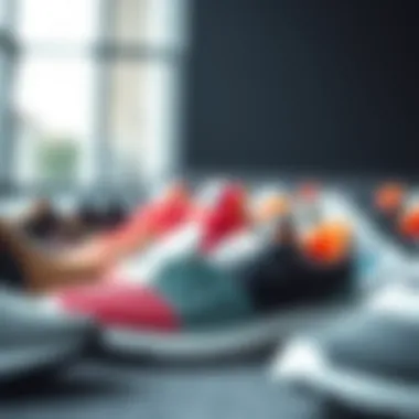 A variety of athletic shoes lined up showcasing different styles and colors