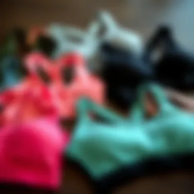 Various styles of sports bras laid out for selection