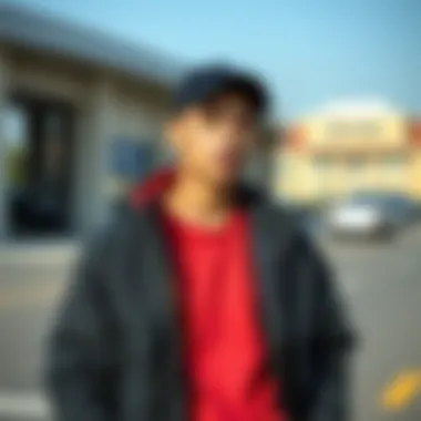 Utility jacket paired with sporty attire