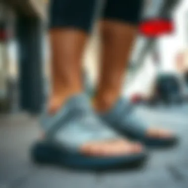 Stylish display of Yeezy sandals in urban setting